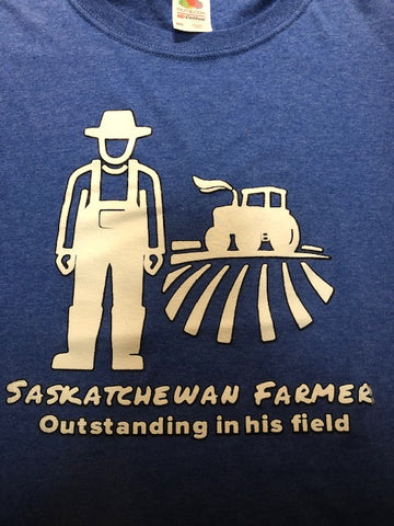 Saskatchewan Farmer, Outstanding in his Field T-shirt, Blue